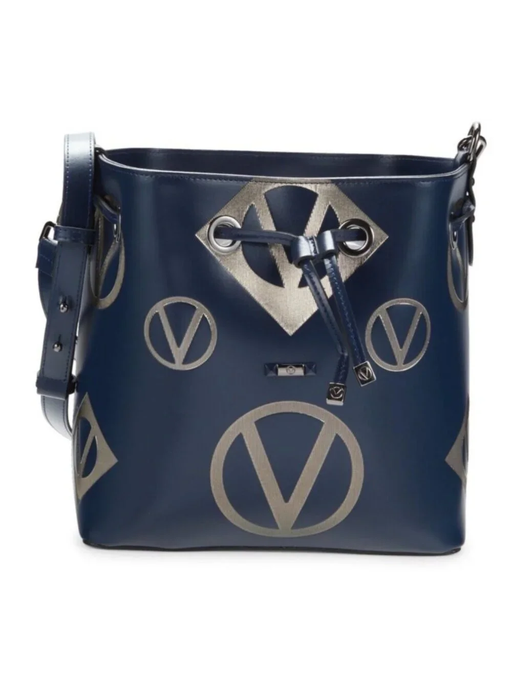 Valentino by Mario Valentino Logo Leather Bucket Crossbody Shoulder Bag Blue